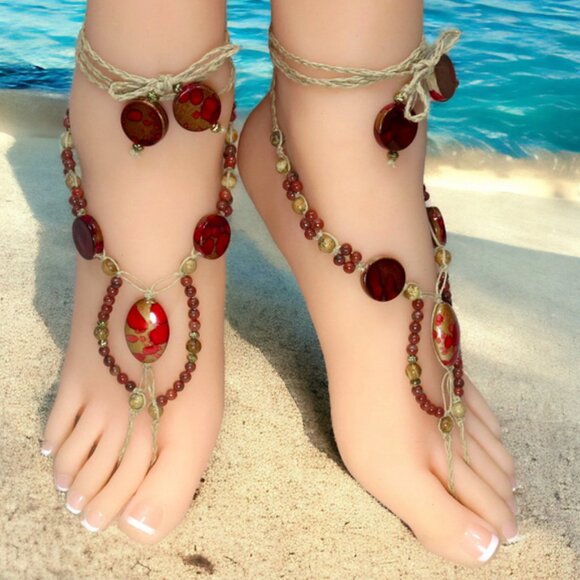 NEW Red & Tan Jasper Gemstone Beaded Barefoot Sandals. Foot jewelry. - Picture 4 of 5